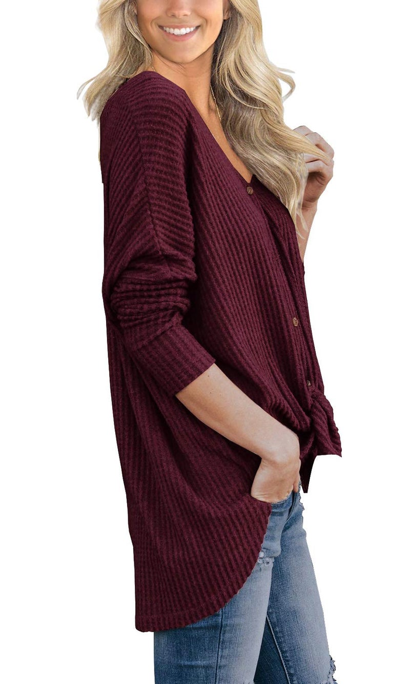 IWOLLENCE Womens Loose Henley Blouse Bat Wing Long Sleeve Button Down T Shirts Tie Front Knot Tops Wine Red, S - Image 3